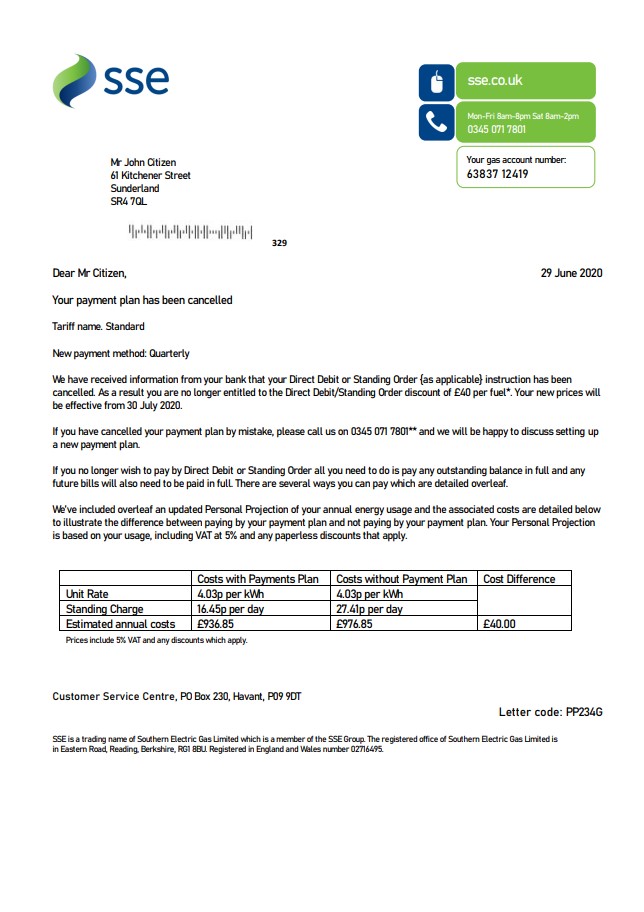 United Kingdom SSE Energy utility bill template in Word and PDF format, version 1